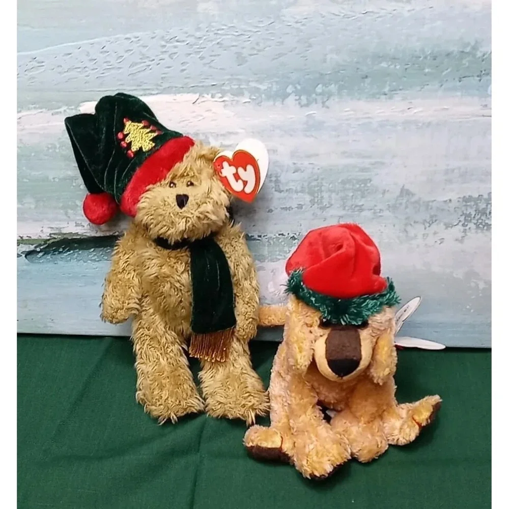 Lot Of 2 Christmas TY Beanie Babies JinglePup & Spruce Attic Treasures Santa Hat